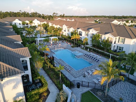 A swimming pool surrounded by palm trees and a gated fence at The Crest at Laurel Canyon Apartments, Florida, 34113